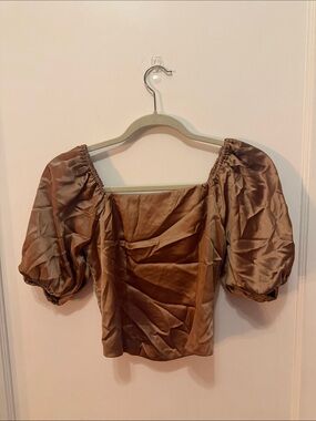Satin Puff-Sleeve Square-Neck Blouse in Brown
